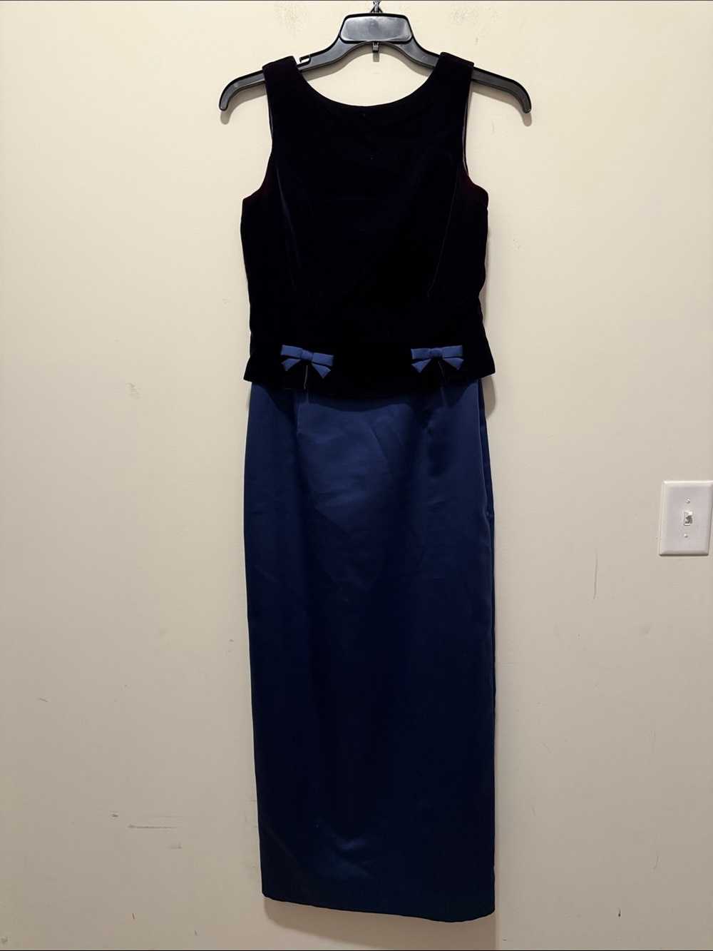 Jessica MacClintock Classic Navy/Purple Pencil Dress with Velvet Waist Detail